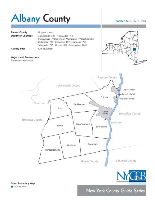 Product Description: --></br></br>The New York Genealogical and Biographical Society has produced county research guides for genealogists and family historians.</br></br>What's in each county guide?</br></br>County map:Shows current town and city boundaries, and the location of Indian reservations</br>Gazetteer:Each county guide inventories historical and contemporary names of every city, town, and village in a county, as well as any changing geographical borders.</br>Repositories and Resources:Locate the records you need -an annotated list of government offices, repositories, societies, and organizations holding records and collections useful to genealogists.</br>Selected Print and Online Resources:Each guide offers selected print and online resources about that county that will be particularly useful for the genealogist.</br> Albany County Guide
